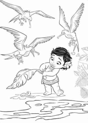 Baby Moana Rescuing The Turtle Coloring Page