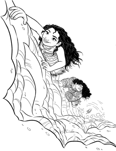 Moana And Maui Climbing The Cliff Coloring Page