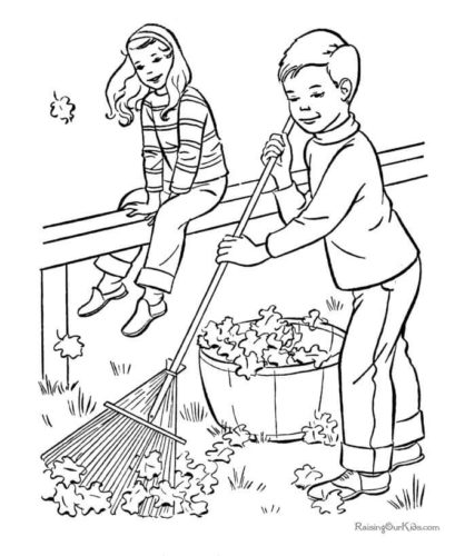 Fallen Leaves and Kids with Rakes Coloring Page