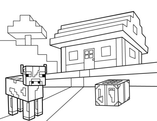 Minecraft Cow With House Coloring Page